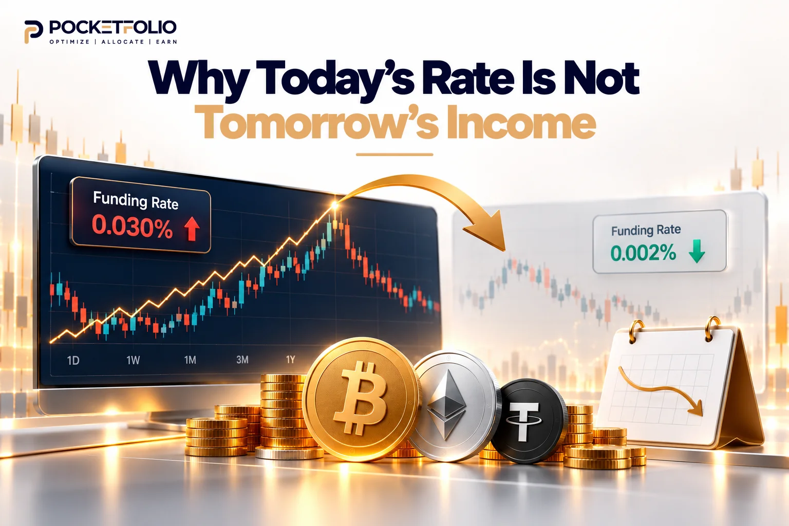 Crypto funding rate illustration showing a high funding rate rising on a trading chart, then falling to a lower future rate, with Bitcoin, Ethereum and stablecoin icons and a calendar representing changing income over time.