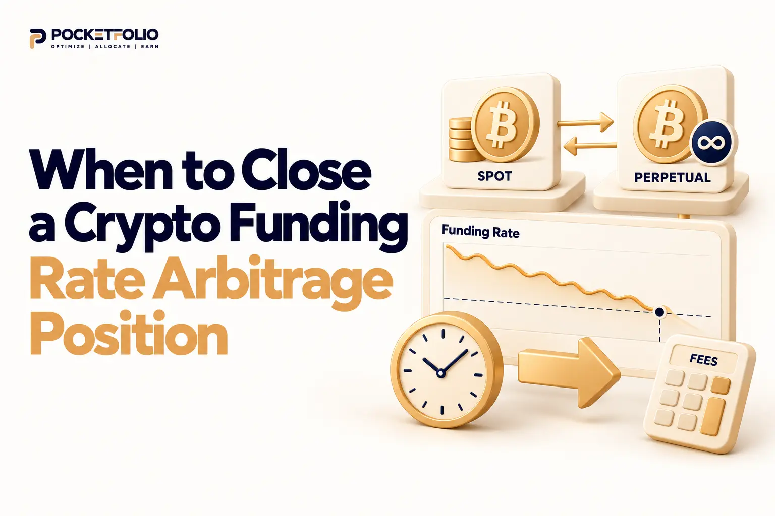 When to close a crypto funding rate arbitrage position, illustrated by paired spot and perpetual positions, a declining funding rate, a clock, and exit fees.