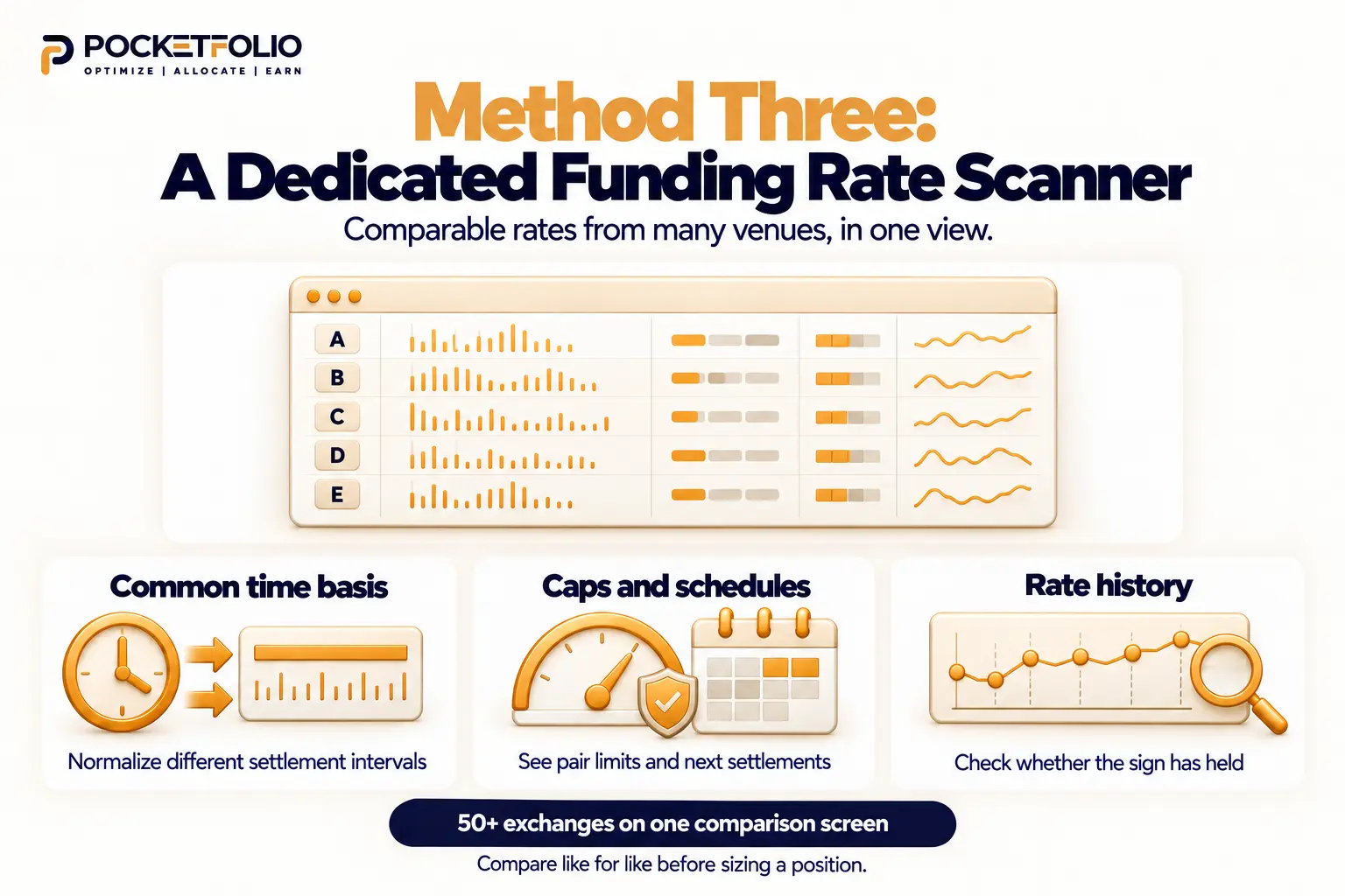 A funding rate scanner compares venues on a common time basis and brings rate caps, settlement schedules, and rate history into one view.