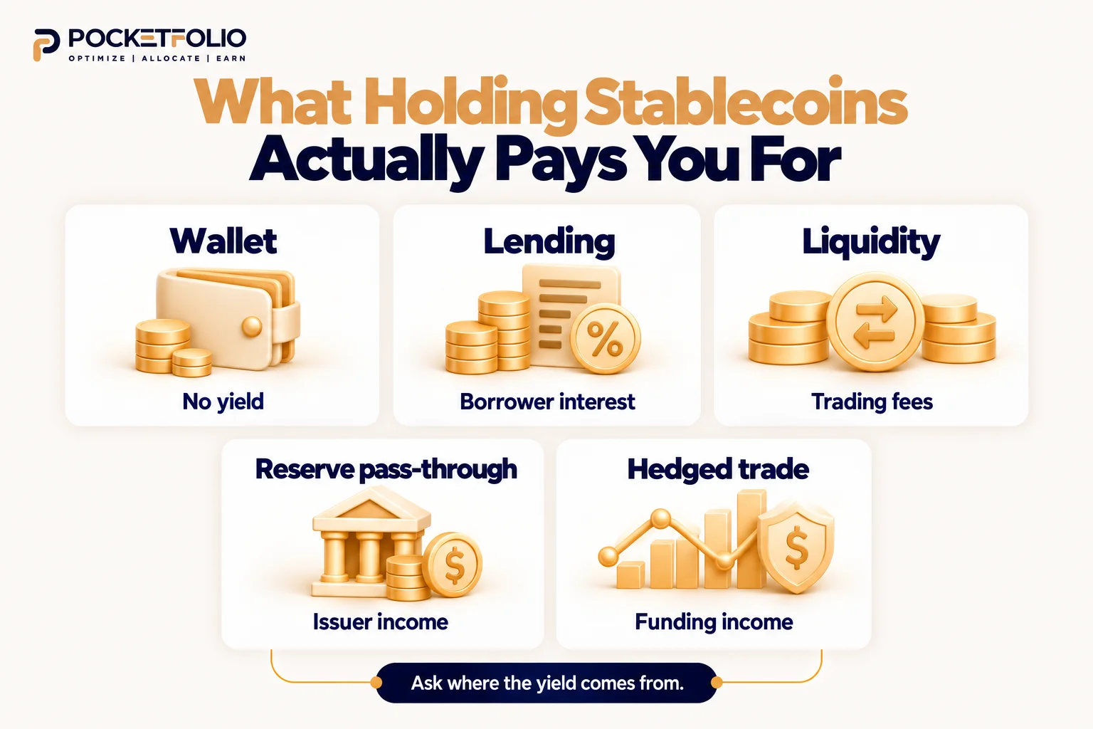 Pocketfolio infographic showing that a stablecoin held in a wallet pays no yield, while lending, liquidity provision, reserve pass-through, and a hedged trade earn income from different sources.