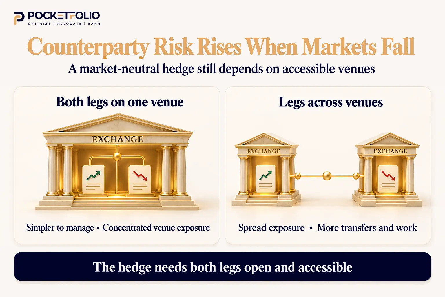 Pocketfolio graphic showing that one venue is simpler but concentrates counterparty exposure, while using two venues spreads exposure and adds transfers and operational work.
