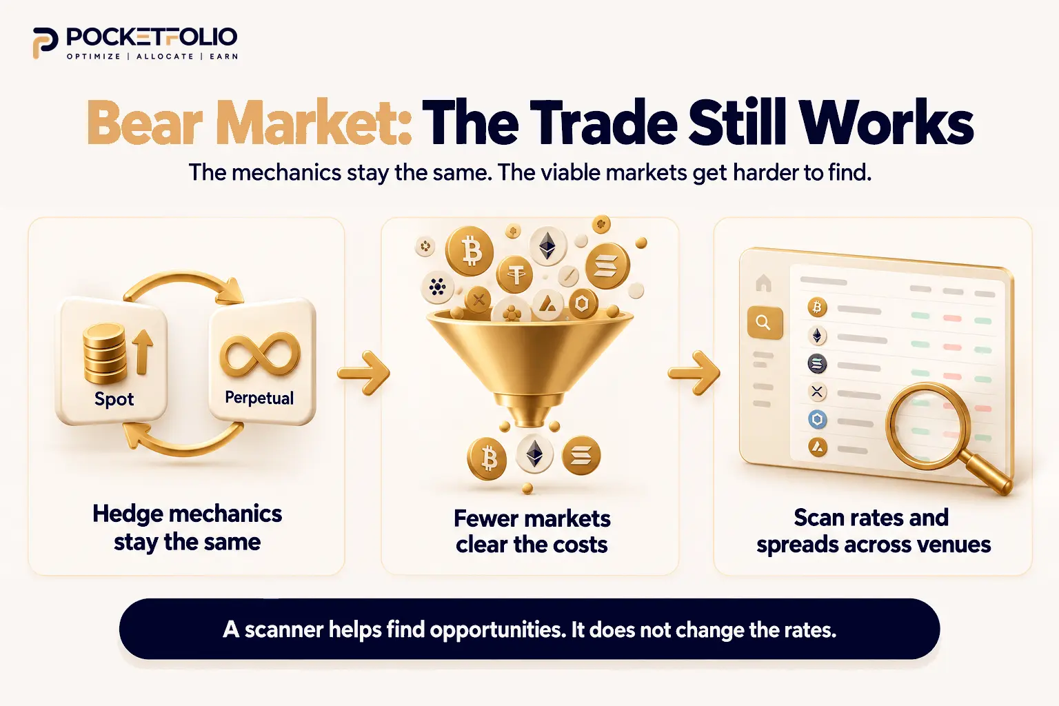 Pocketfolio infographic showing that a bear market leaves the hedge mechanics unchanged, reduces the number of markets that clear trading costs, and makes scanning rates and spreads across venues more useful.