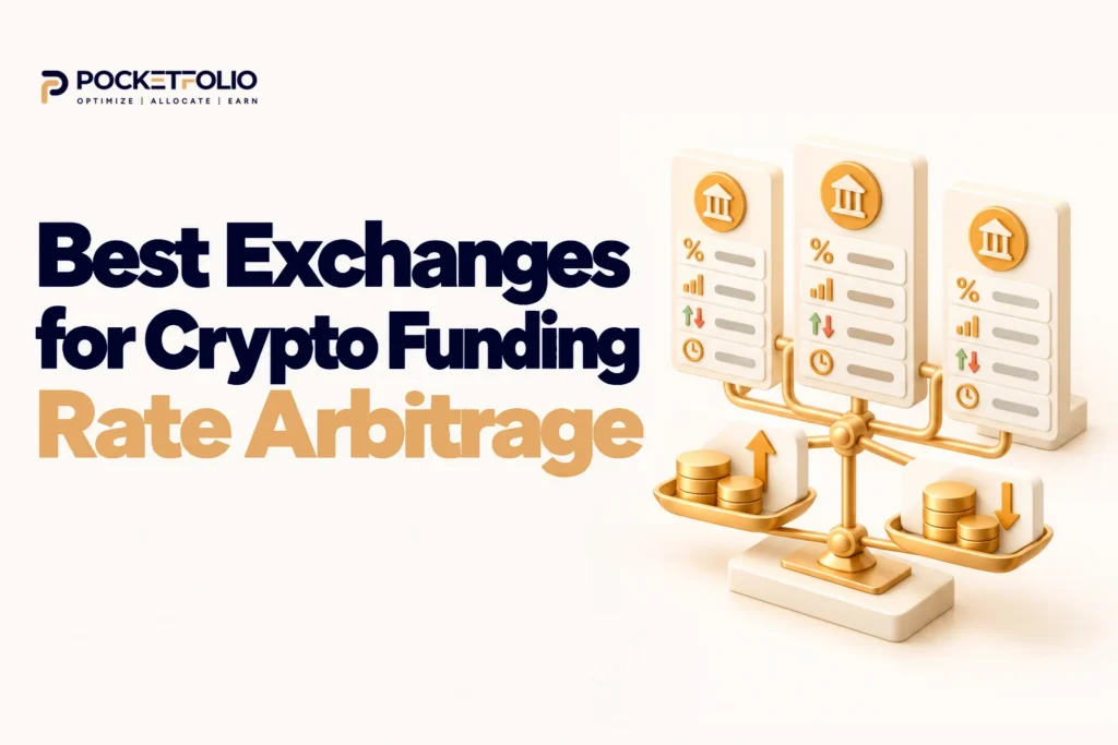 Pocketfolio featured image comparing three crypto exchanges for funding rate arbitrage, with a balanced spot-and-perpetual trade illustration.