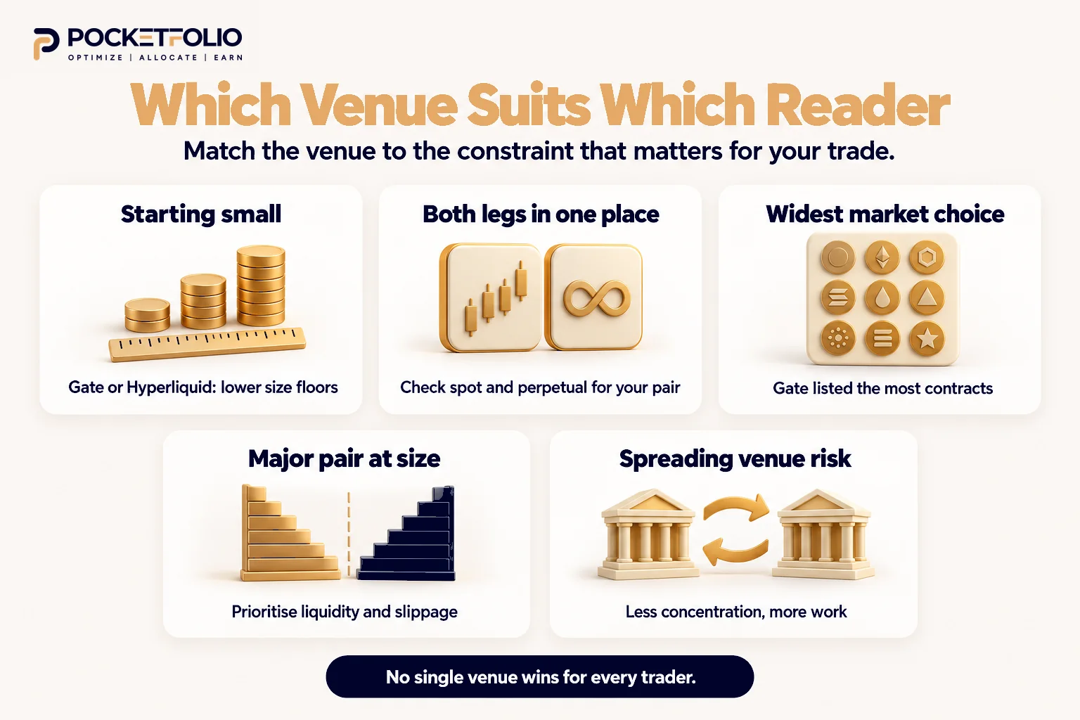Five cards show how exchange choice changes for small positions, keeping both hedge legs on one venue, wider market choice, trading major pairs at size, and spreading counterparty risk.
