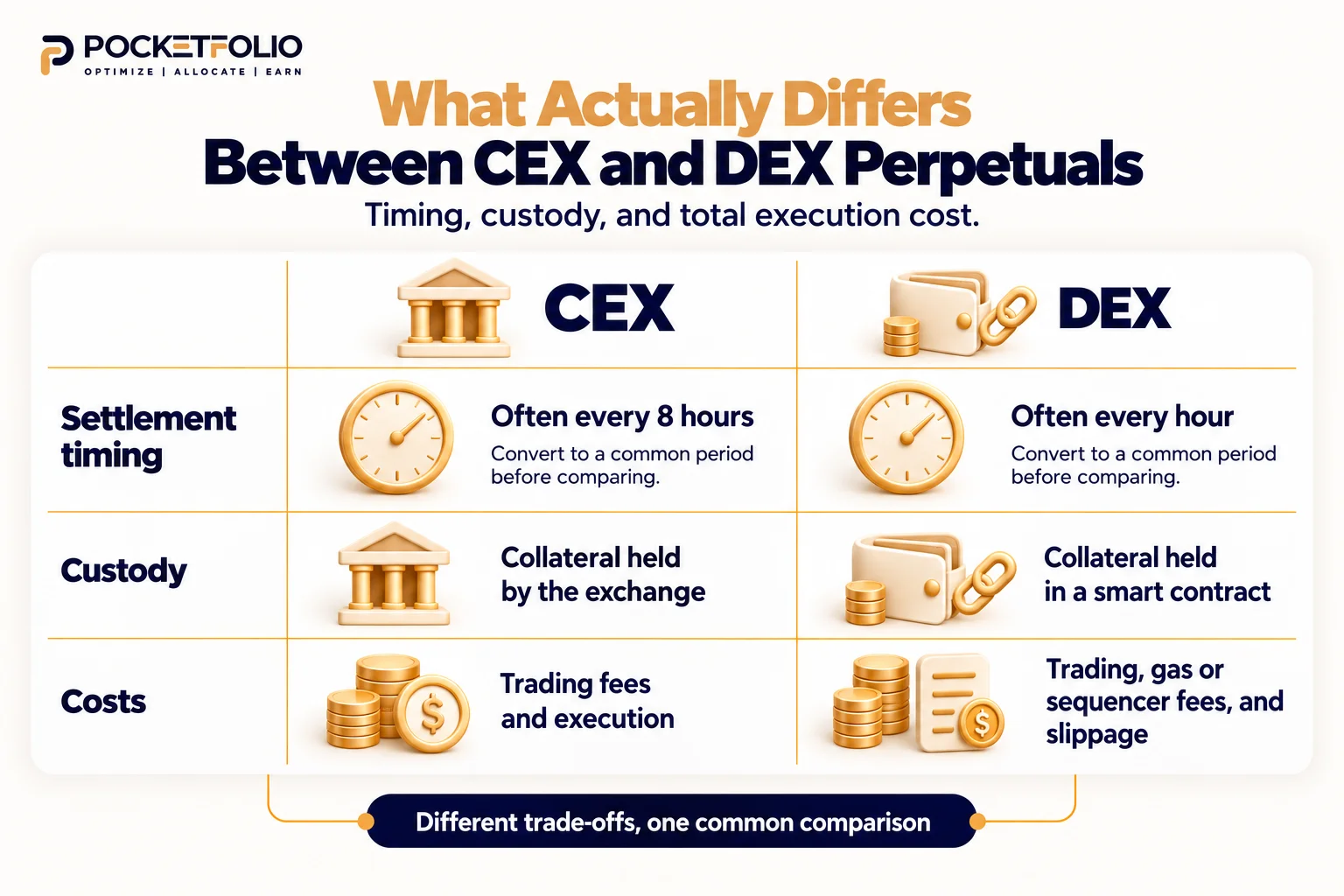 CEX and DEX perpetuals compared across settlement timing, collateral custody, and costs. Rates must be converted to a common period before comparison.