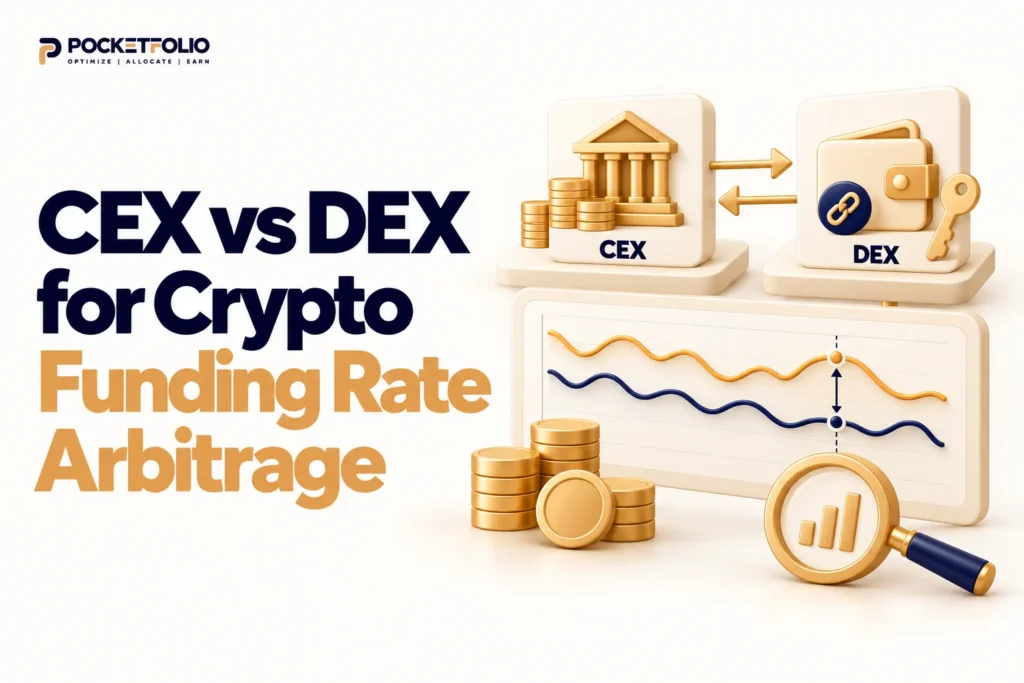 A centralised exchange and a decentralised exchange connected above a chart comparing their funding rates, illustrating a potential gap between the two venue types.