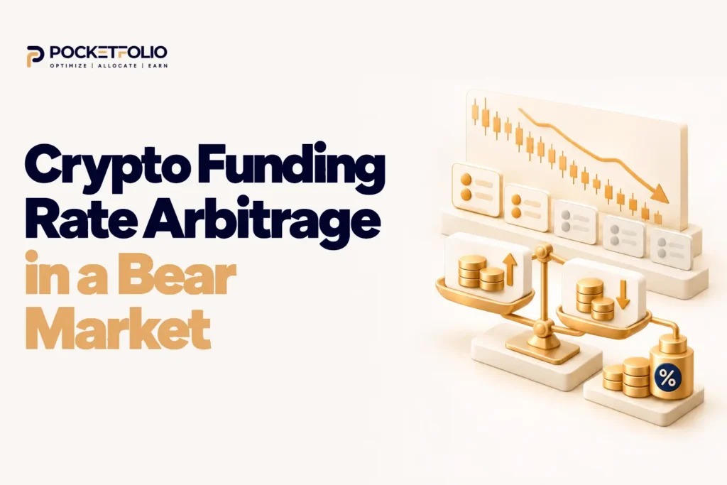 Pocketfolio featured graphic for crypto funding rate arbitrage in a bear market, showing a falling market, fewer funding opportunities, balanced trade legs, and the added weight of borrowing costs.