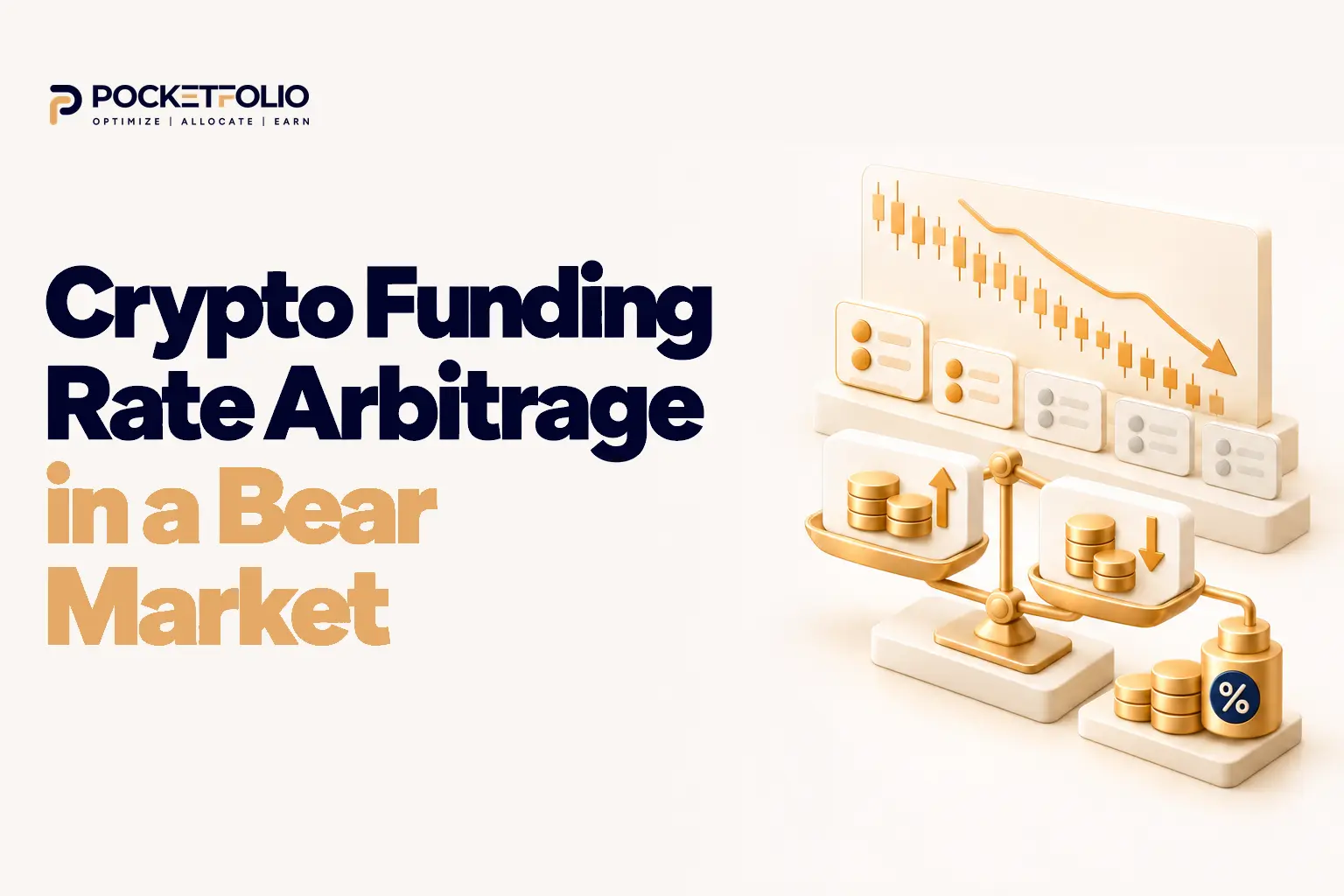 Pocketfolio featured graphic for crypto funding rate arbitrage in a bear market, showing a falling market, fewer funding opportunities, balanced trade legs, and the added weight of borrowing costs.