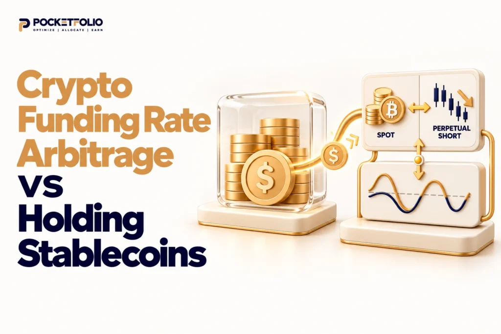 Gold and navy Pocketfolio cover comparing crypto funding rate arbitrage with holding stablecoins, illustrated by a stablecoin wrapper and a hedged spot and perpetual position.