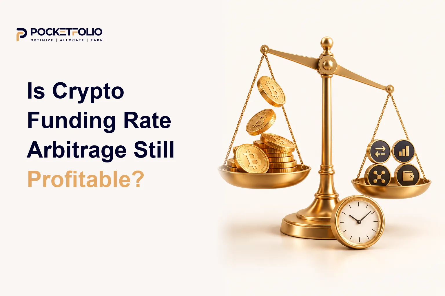 Gold balance scale comparing funding income and trading costs, with a clock representing break-even time.