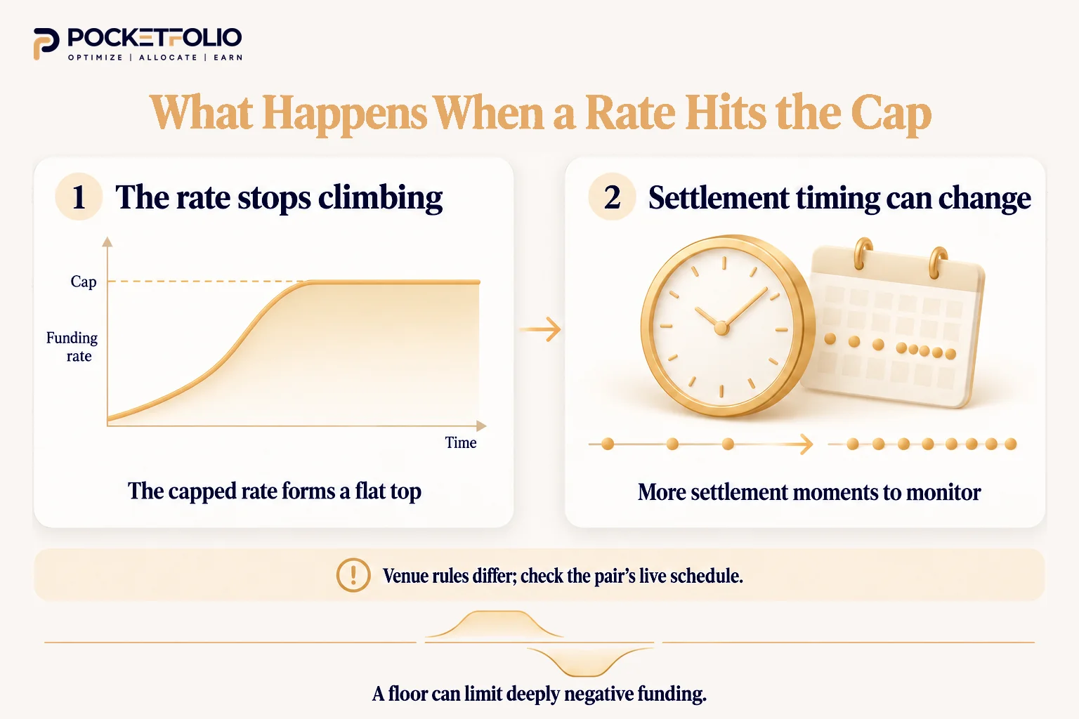 A funding-rate chart flattens at its cap beside a clock and calendar showing more frequent settlements; a smaller graphic shows the negative-rate floor.
